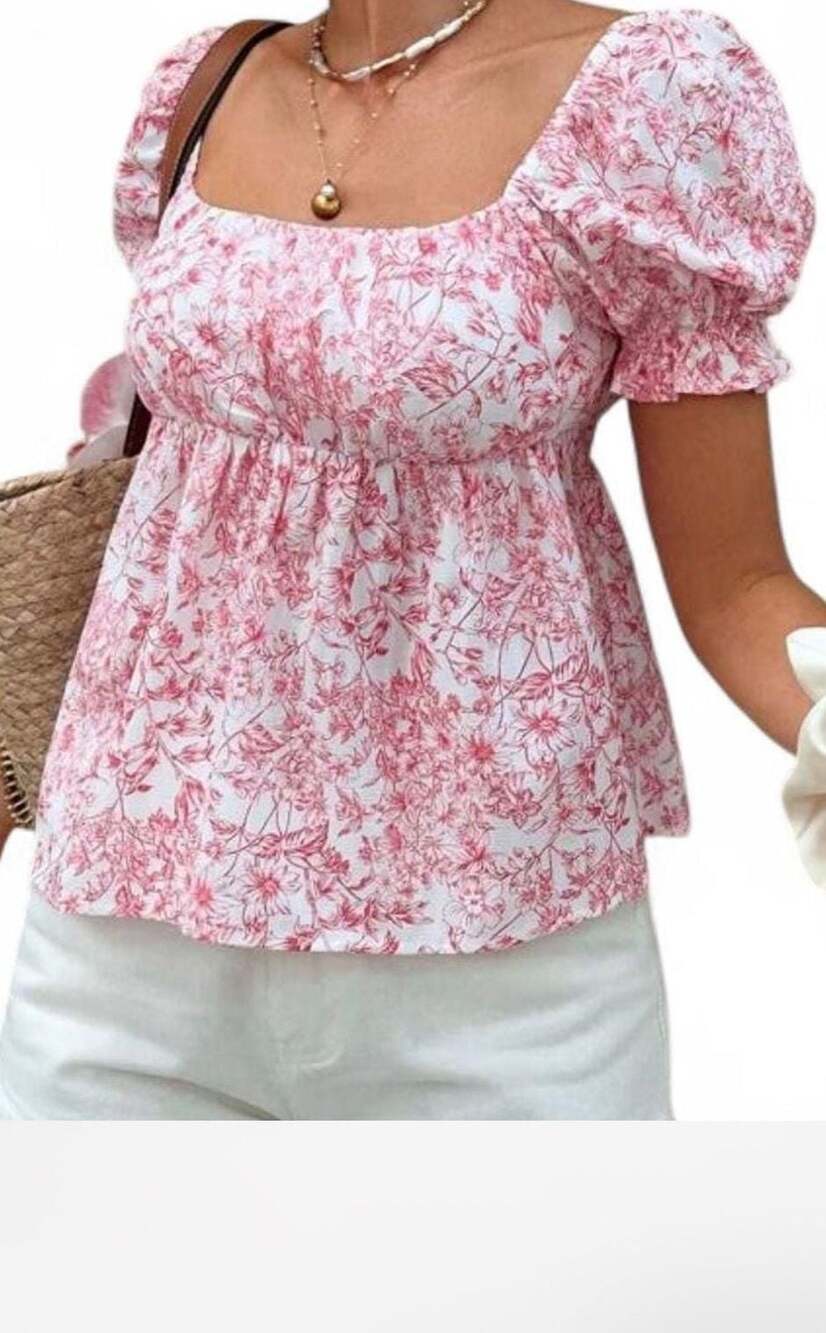 SHEIN Karismina Pink Floral Toile Puff Sleeve Smocked Peplum Top Size L
